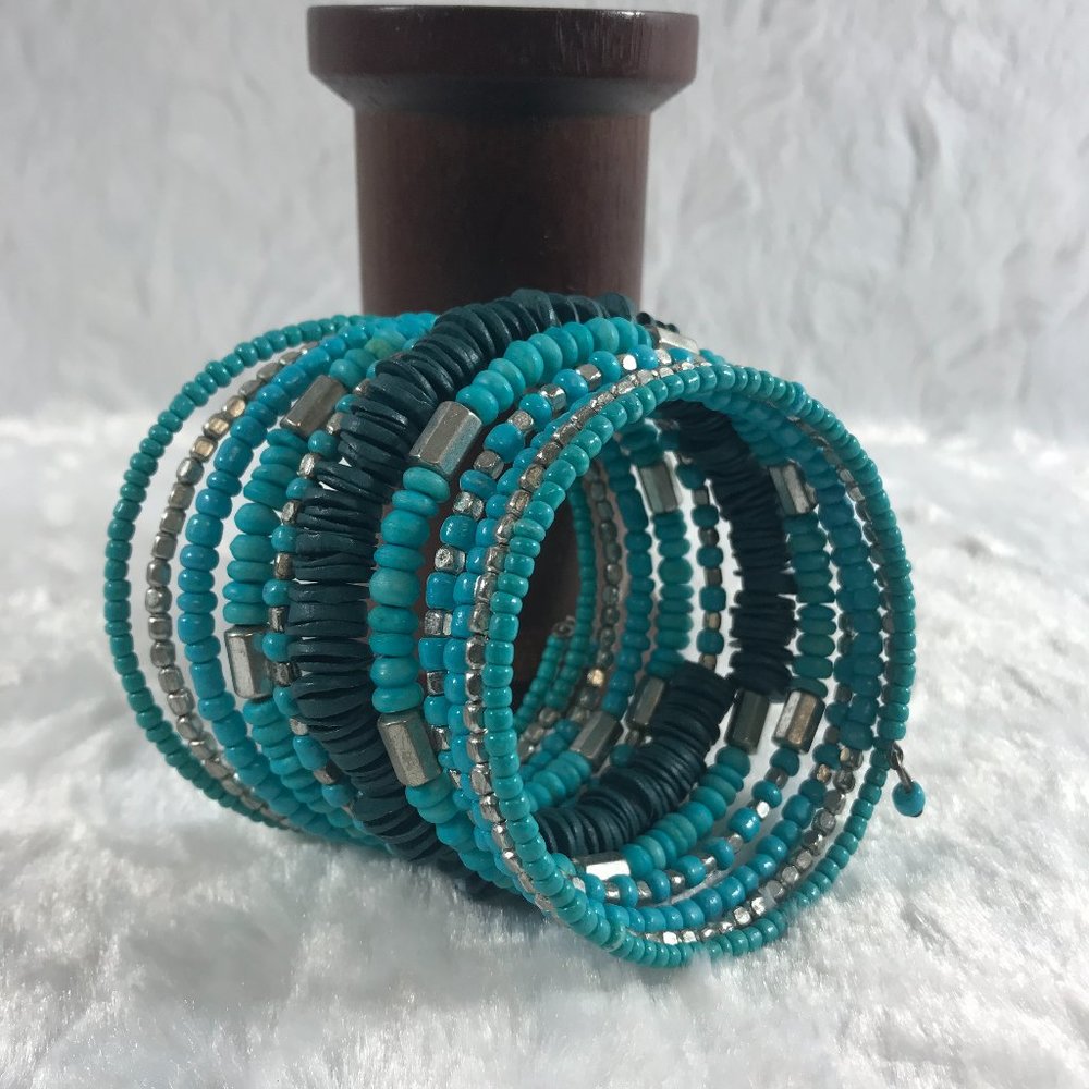 BoHo Beaded Bracelet Memory Wire Turquoise Color